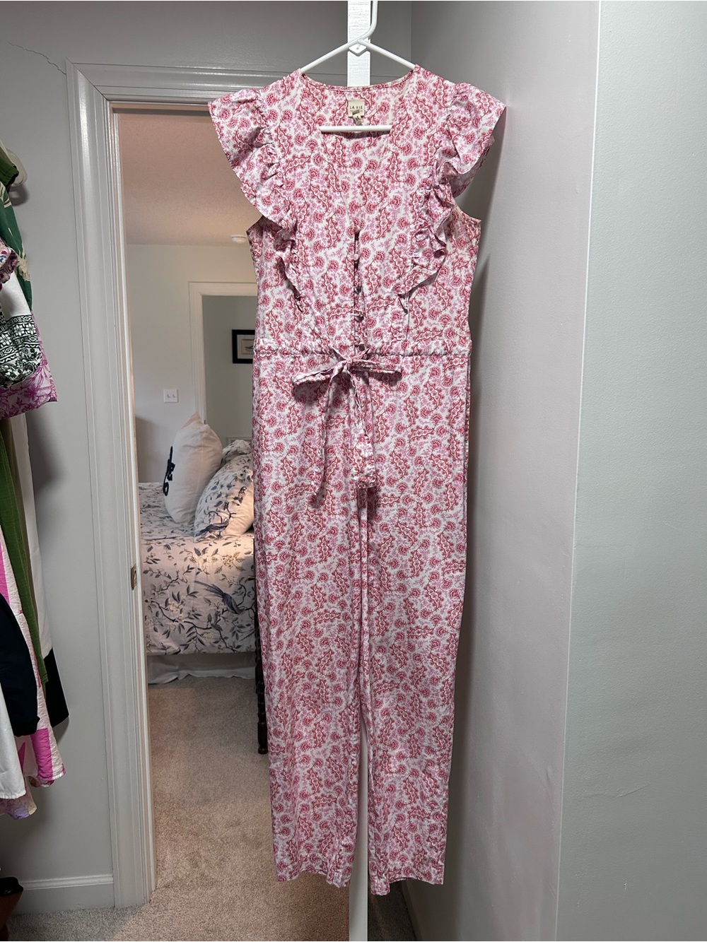 Pink Floral Ruffle-Shoulder Tie-Waist Jumpsuit